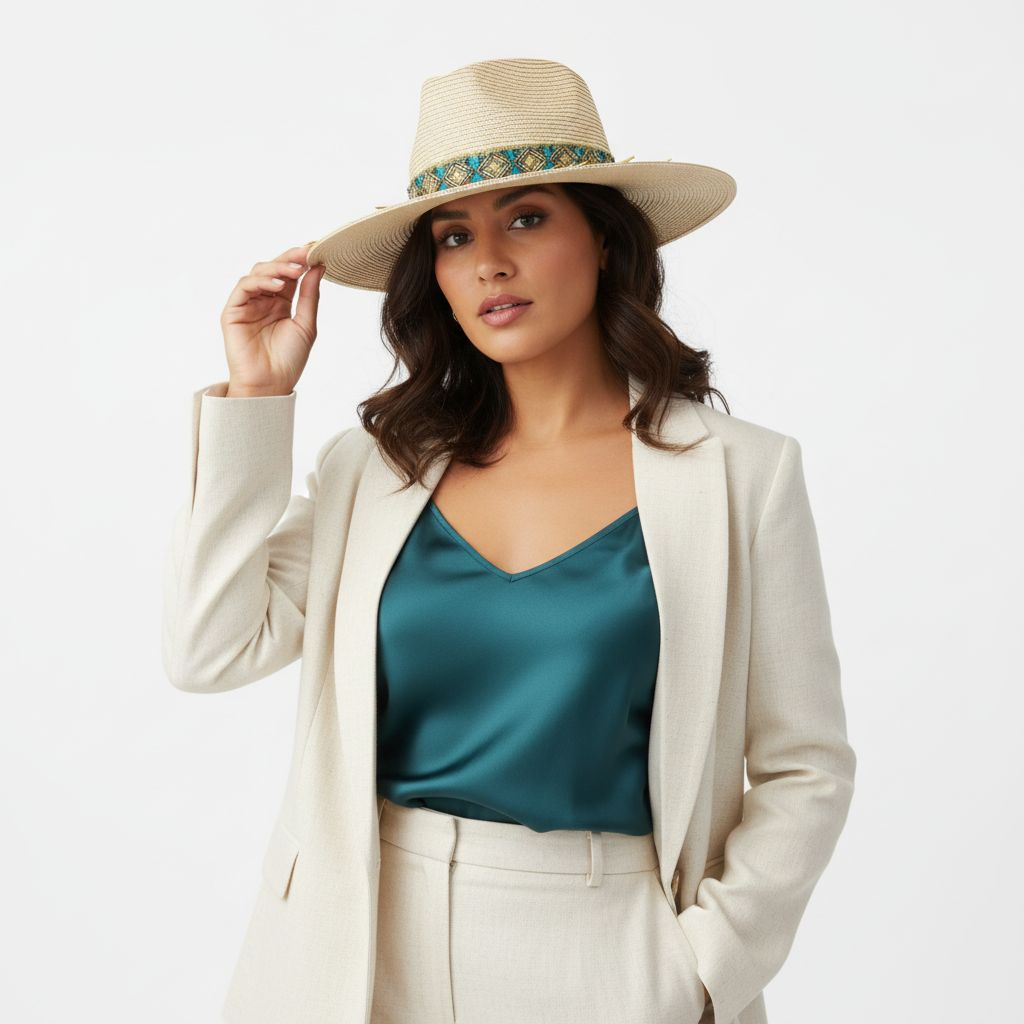 Sweet But Sharp — handcrafted straw fedora by Left Turn Hat Co, styled on model