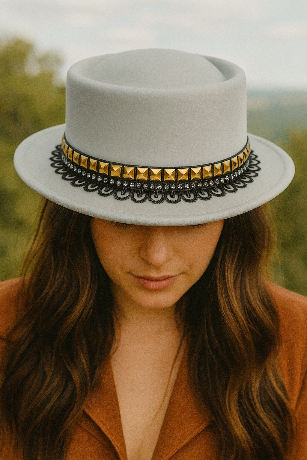 Gold And Daze — wool felt fedora by Left Turn Hat Co, styled on model
